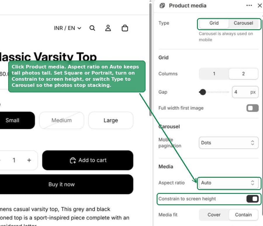 Product media block settings including Aspect ratio and Constrain to screen height