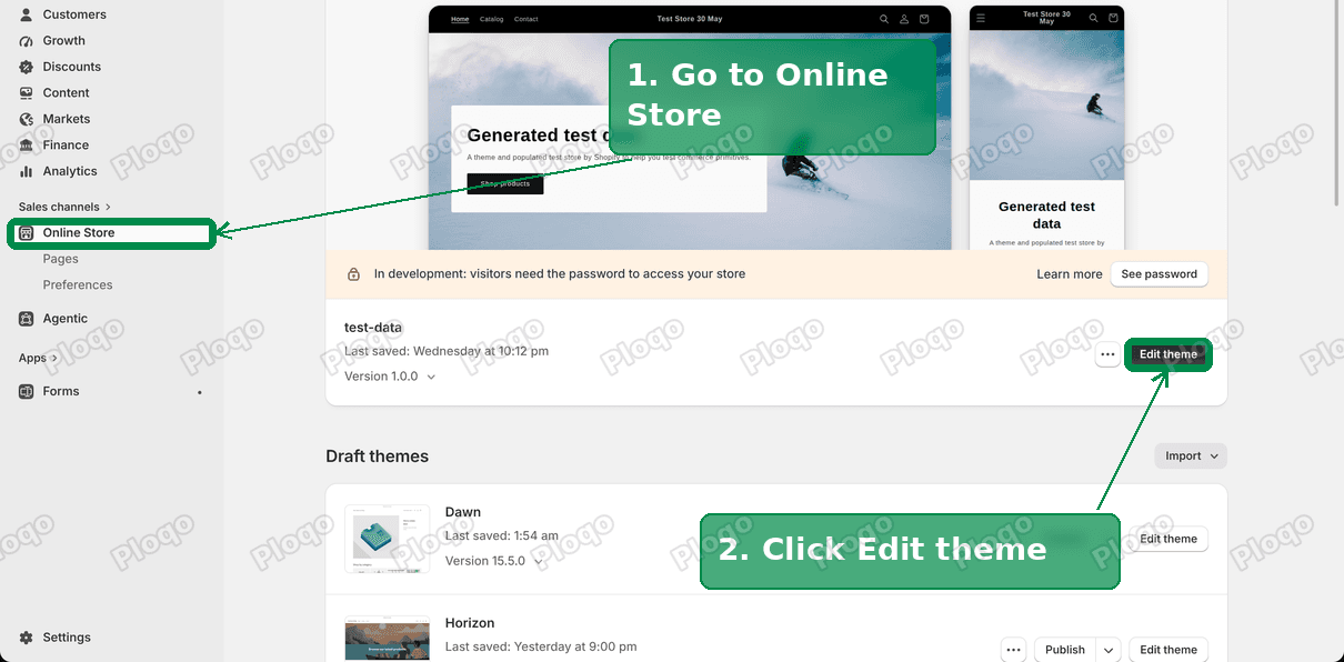 Shopify admin Online Store Themes page with the Edit theme button marked