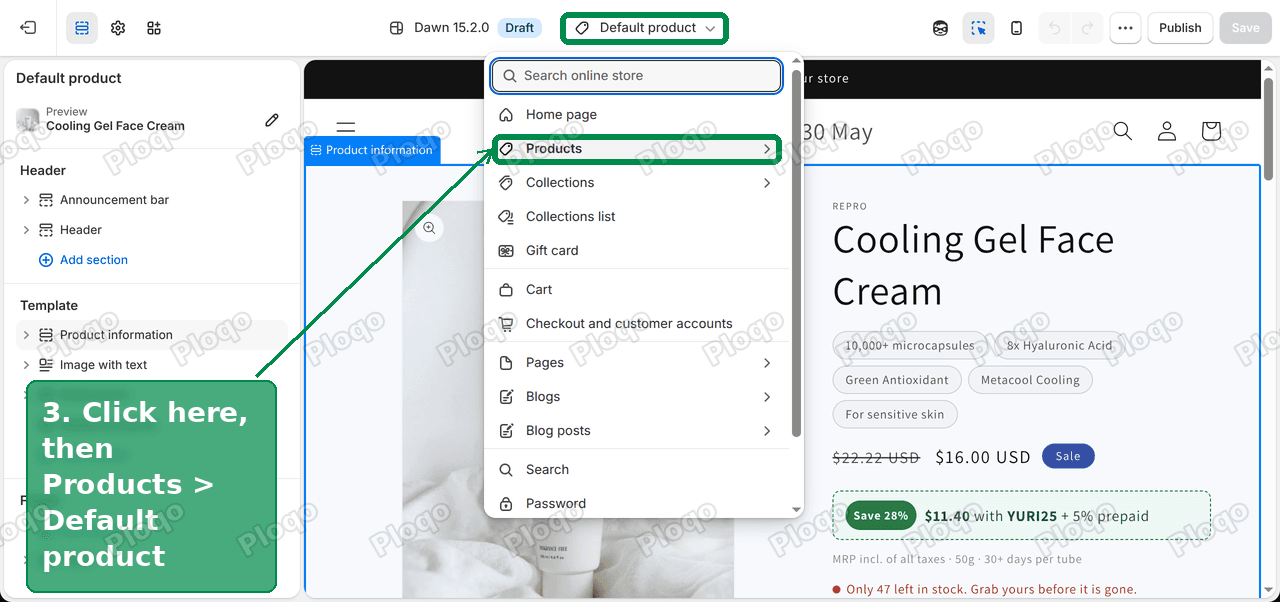The theme editor page picker open with Products marked