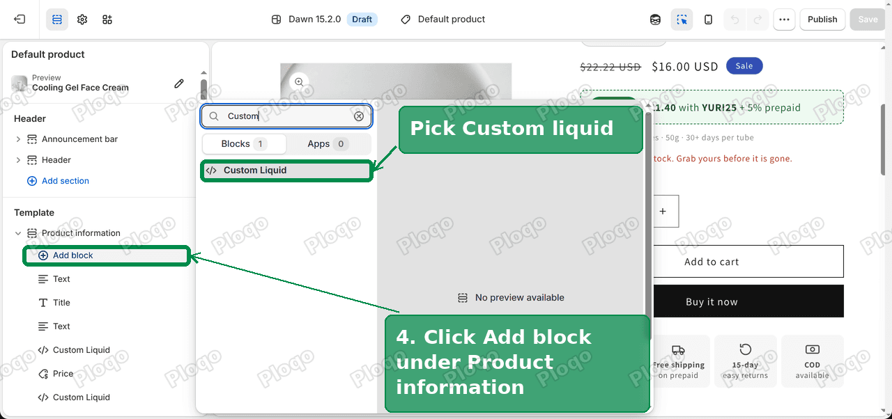 The Add block picker in the theme editor filtered to Custom Liquid