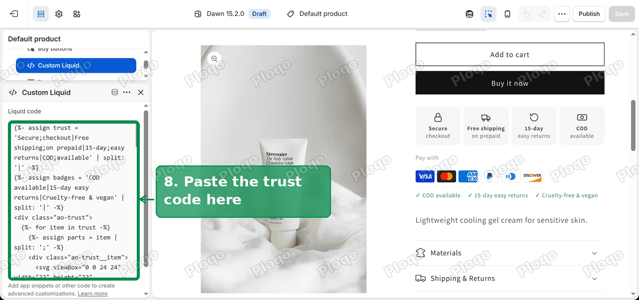 The third Custom Liquid block with the trust badge code pasted