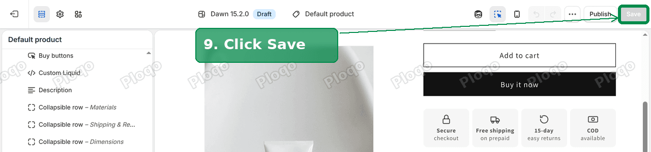 The theme editor top bar with the Save button marked