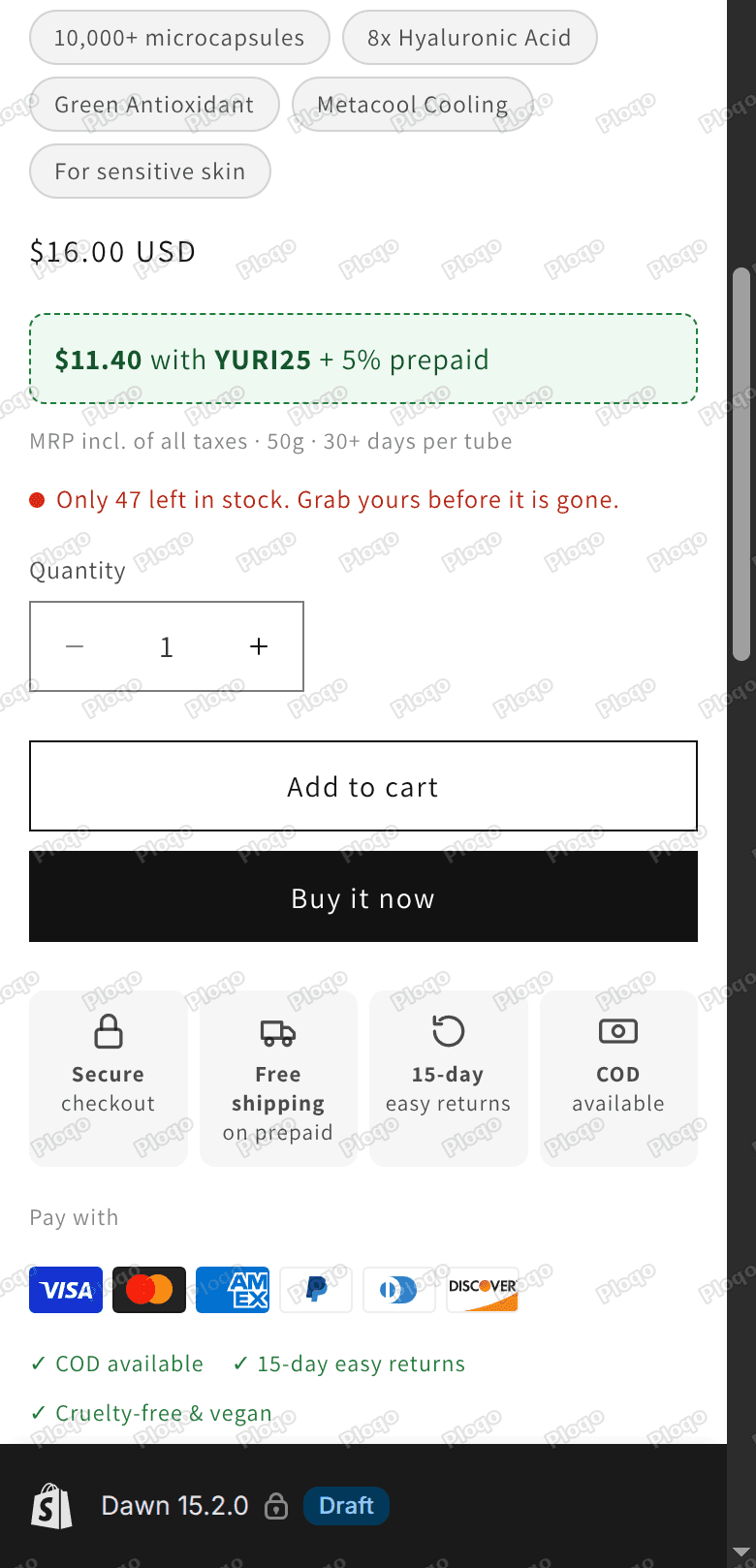The buy box on a phone-width screen with pills wrapping onto three rows and four trust tiles in one row