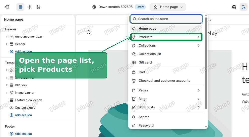 The page list in the Dawn theme editor open, with Products highlighted