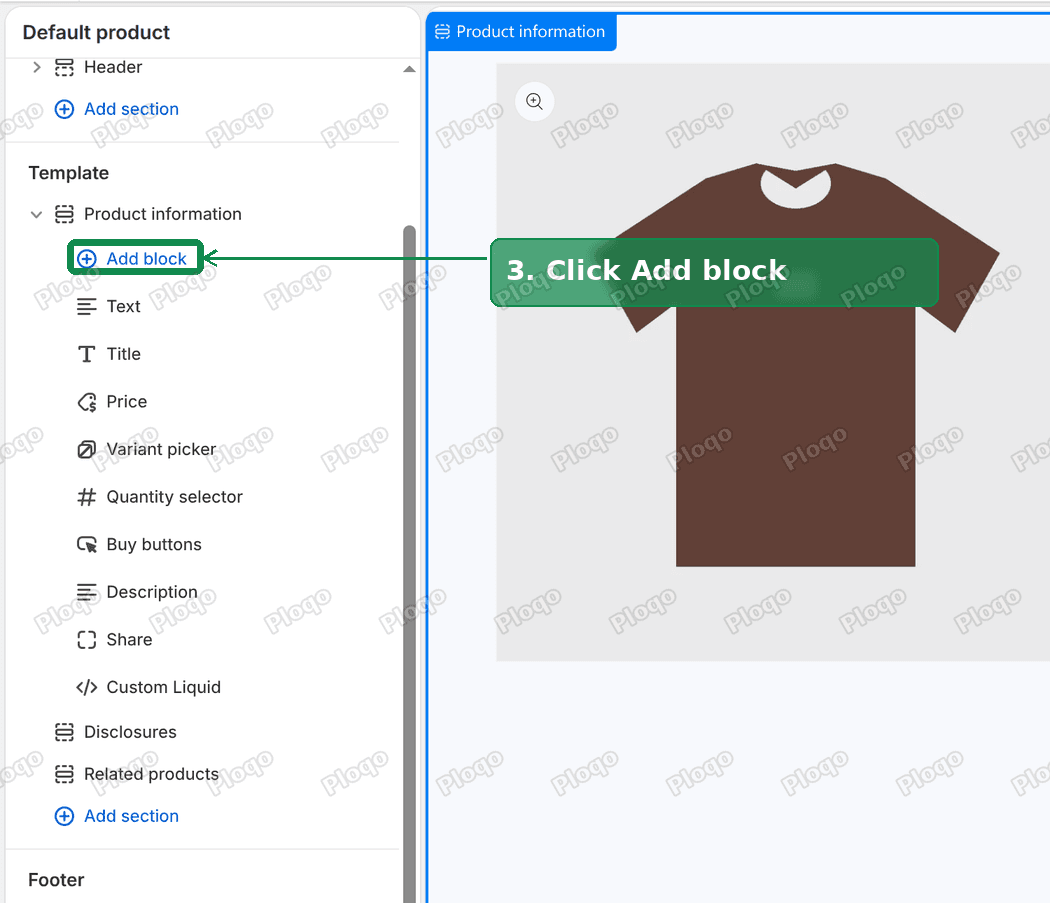 The Product information section expanded in the editor with the Add block button highlighted