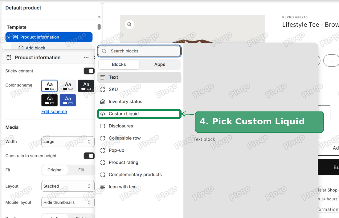 The block picker in the Dawn theme editor with Custom Liquid highlighted