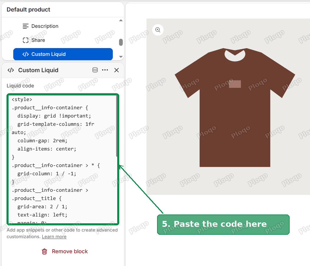 The Custom Liquid box in the editor with the CSS pasted in