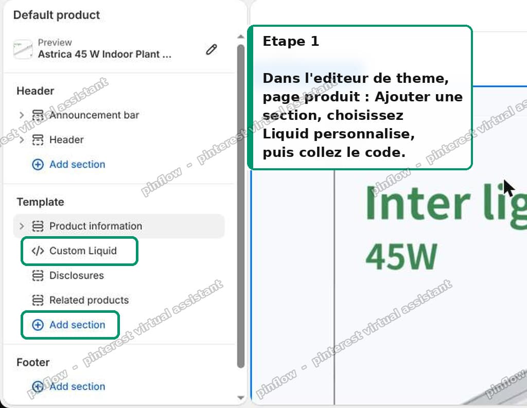 Adding a Custom Liquid section to a Shopify product page in the theme editor
