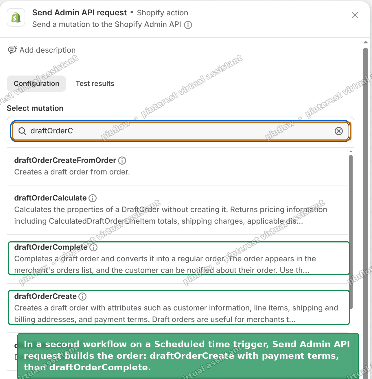 draftOrderCreate and draftOrderComplete inside the Send Admin API request action