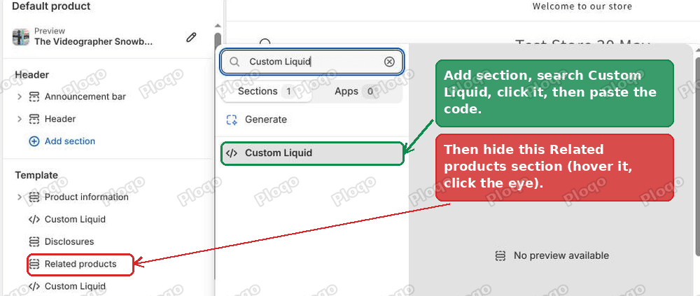 Add a Custom Liquid section and hide the native Related products section