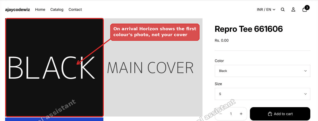 On arrival Horizon shows the first colour swatch photo instead of the main cover, a shopify no variant selected by default problem
