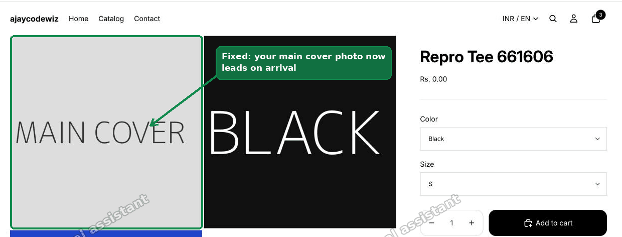 After the fix, your main cover photo leads the gallery on arrival with shopify horizon no default variant behaviour