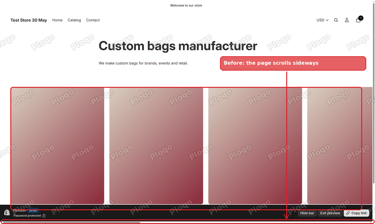 A Horizon page with a carousel running off the right edge and a horizontal scrollbar at the bottom of the window