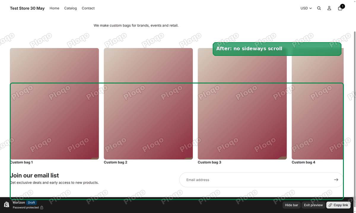 The same Horizon page with the carousel contained and no horizontal scrollbar
