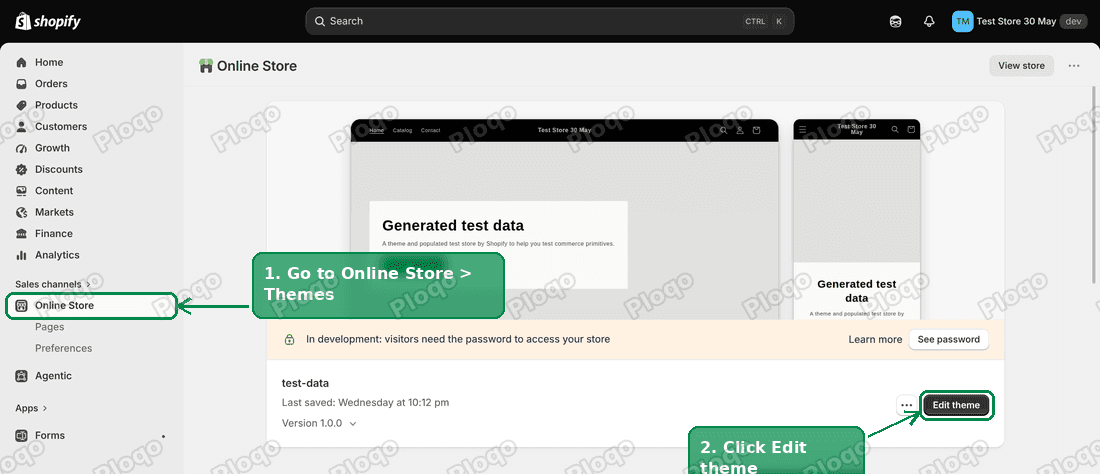 The Shopify Themes page with the Edit theme button highlighted
