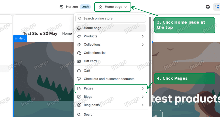 The theme editor page picker open, with Home page and Pages highlighted