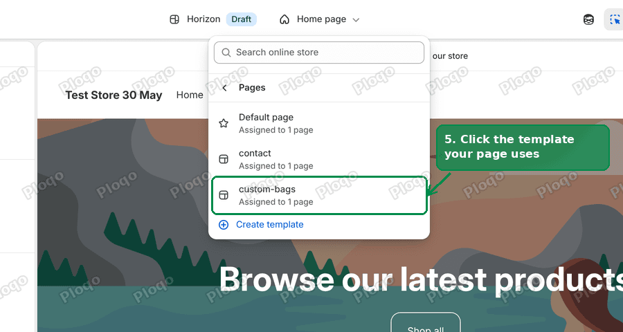 The list of page templates in the Horizon theme editor, with the custom template highlighted