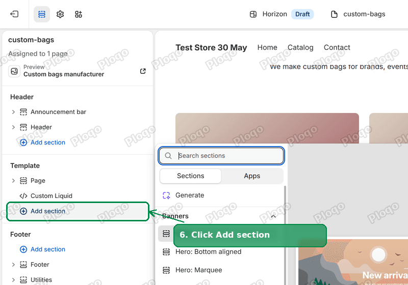 The Horizon theme editor sidebar with Add section highlighted