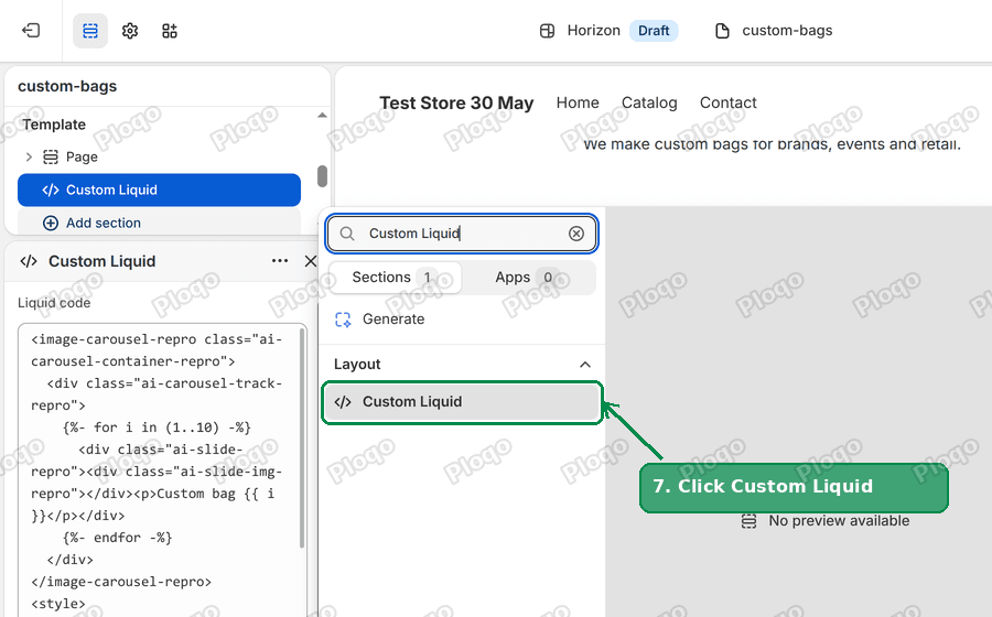 The Add section panel with the Custom Liquid section highlighted
