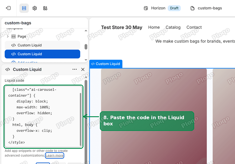 The Custom Liquid section settings with the CSS pasted into the Liquid box