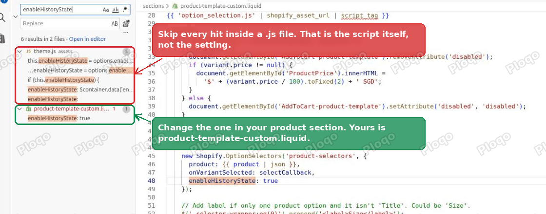 Search enableHistoryState in the Shopify theme code editor