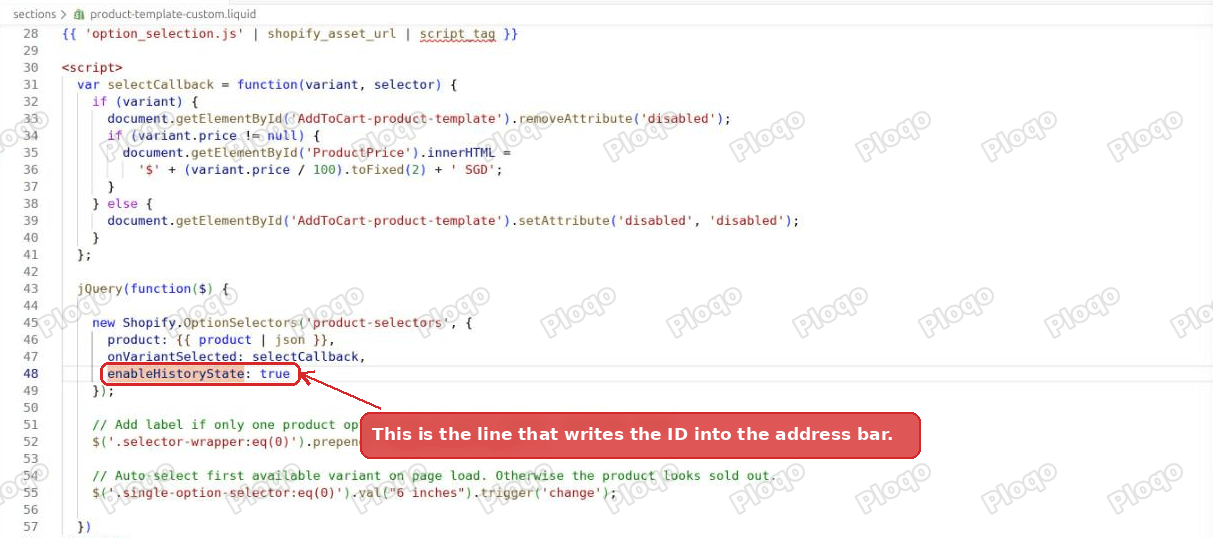 The enableHistoryState true line in the product section file