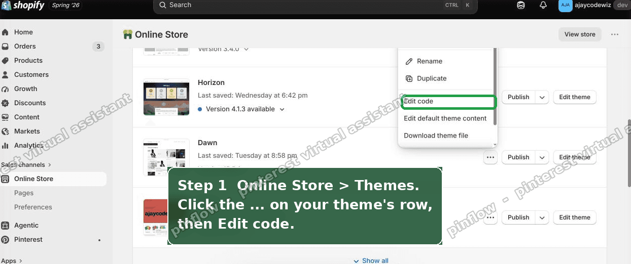 Shopify admin Online Store Themes with the three dots menu open and Edit code highlighted on the Nordic theme row