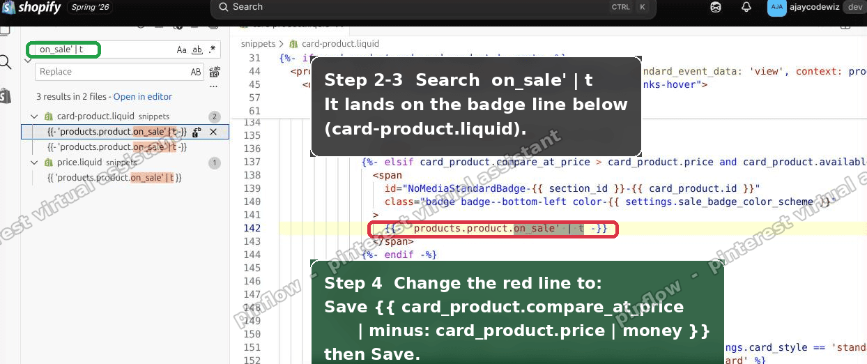 Shopify code editor searching for on_sale with the badge line highlighted in card-product.liquid on the Nordic theme
