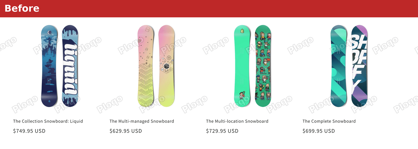 A Dawn collection page with product cards that show a name and price only