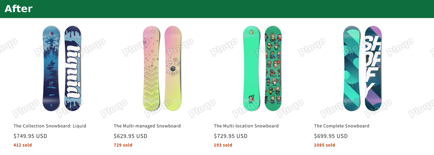 The same collection page with a sold count under the price on each product card