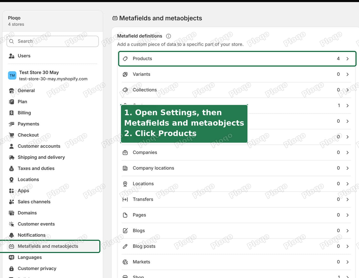 The Shopify settings page for Metafields and metaobjects with the Products row highlighted