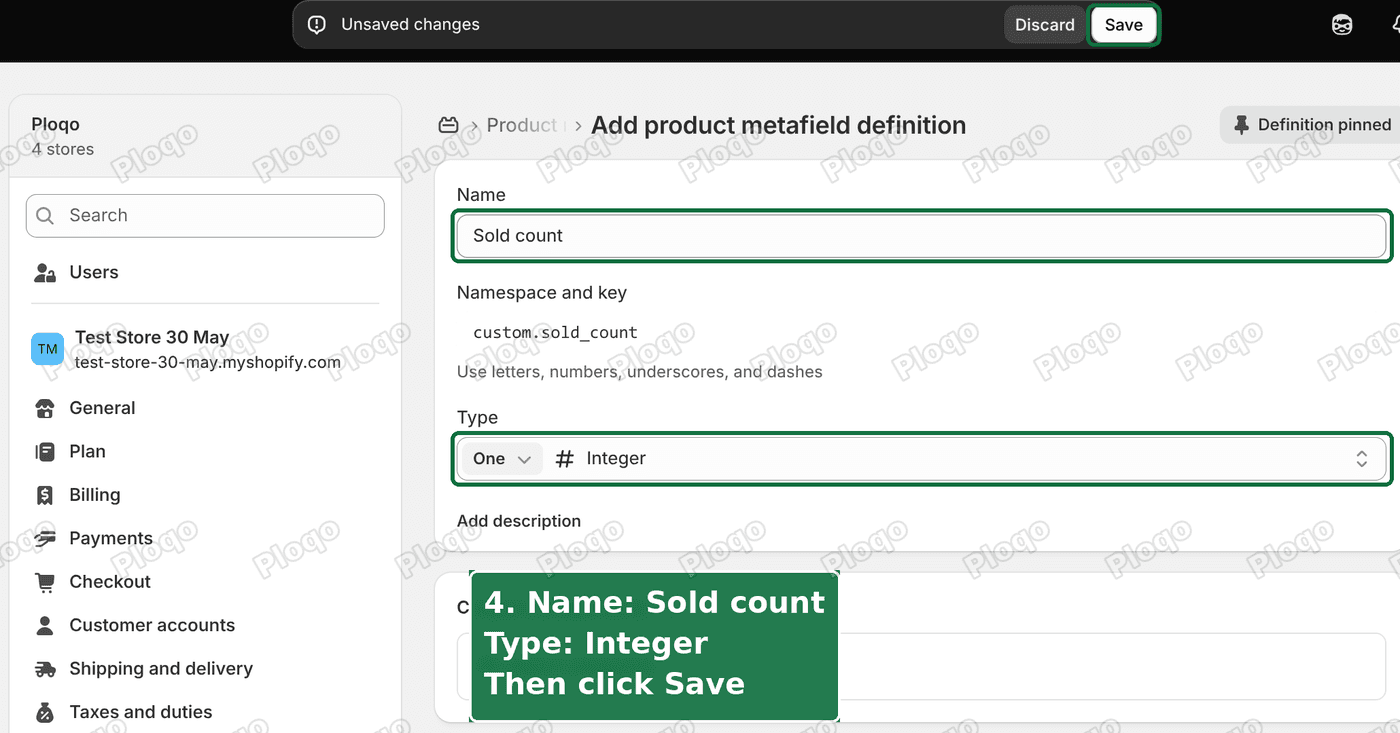 The Add product metafield definition page with the name Sold count and the type Integer