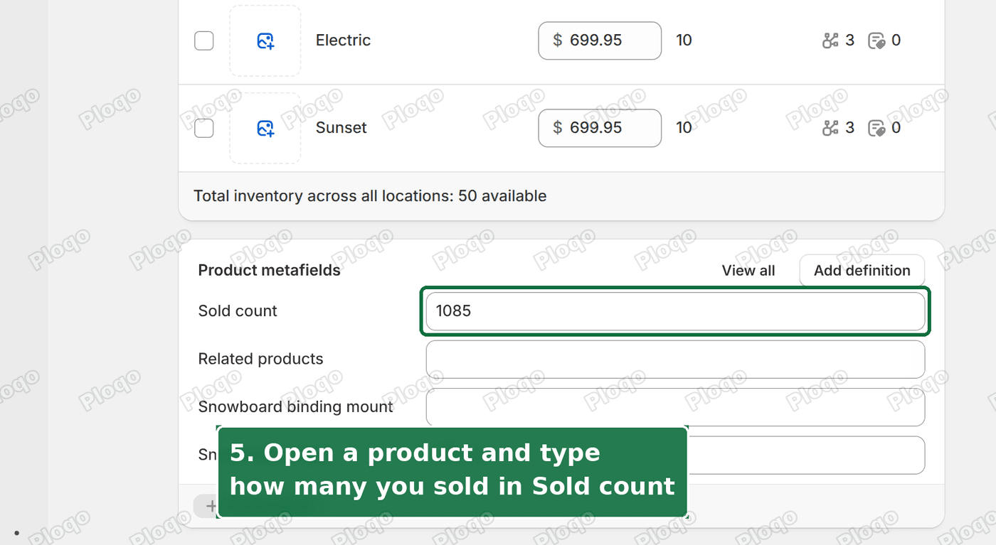 A product page in the admin with the Sold count field filled in under Product metafields