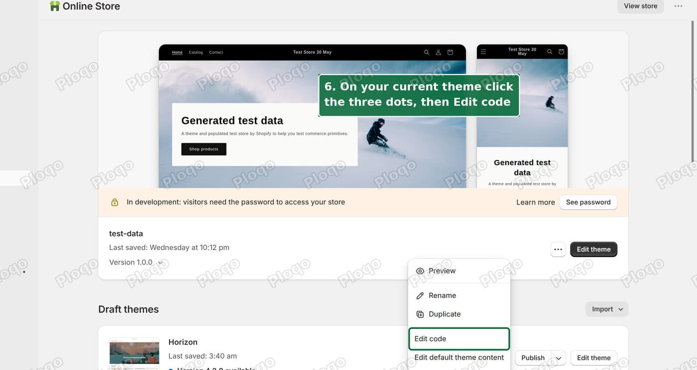 The Themes page with the three dot menu open and Edit code highlighted