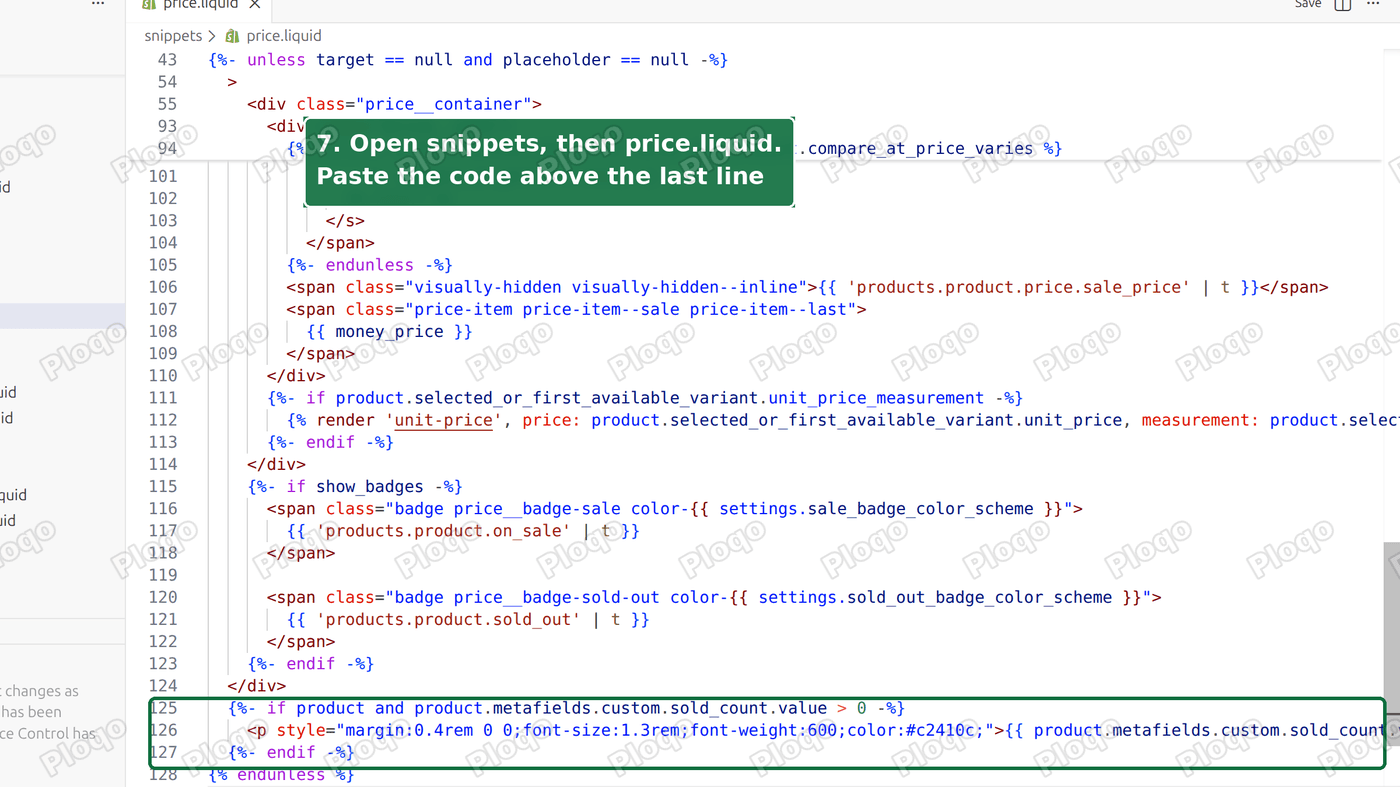 The price.liquid file in the code editor with the three pasted lines above the last line