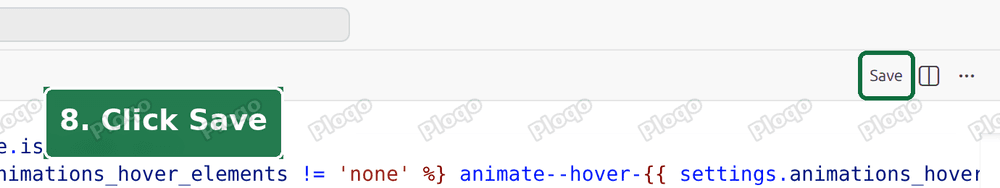 The Save button at the top right of the Shopify code editor