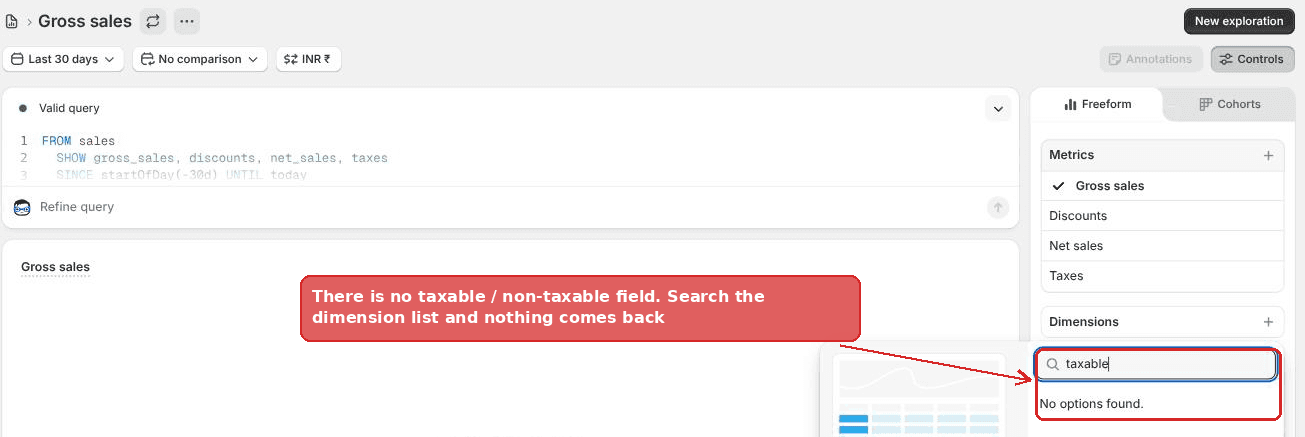 Searching the Shopify report dimension list for taxable returns no options found
