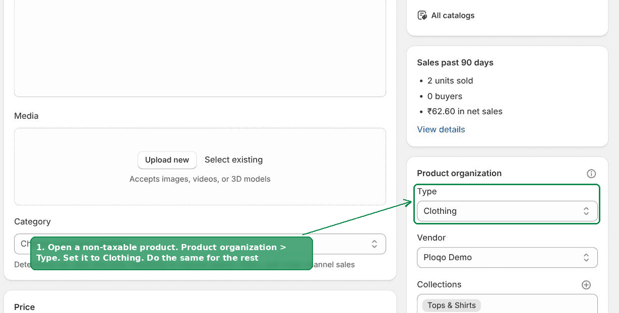 Setting Product type to Clothing on a non-taxable product in the Shopify admin