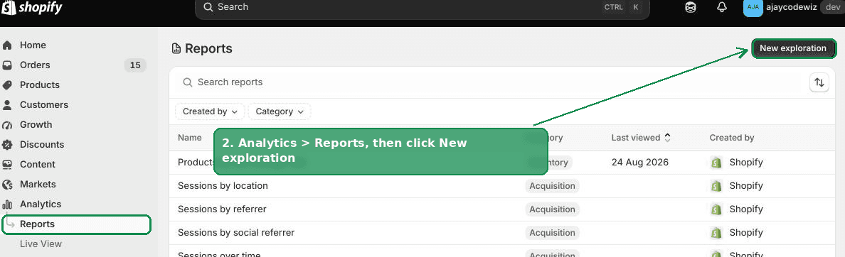The Shopify Reports page with the New exploration button