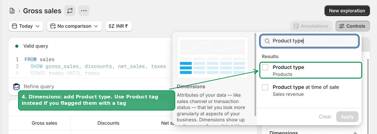 Adding the Product type dimension to a Shopify report