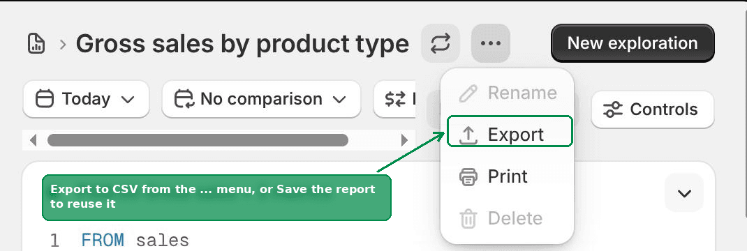 Exporting a Shopify report to CSV from the three dot menu
