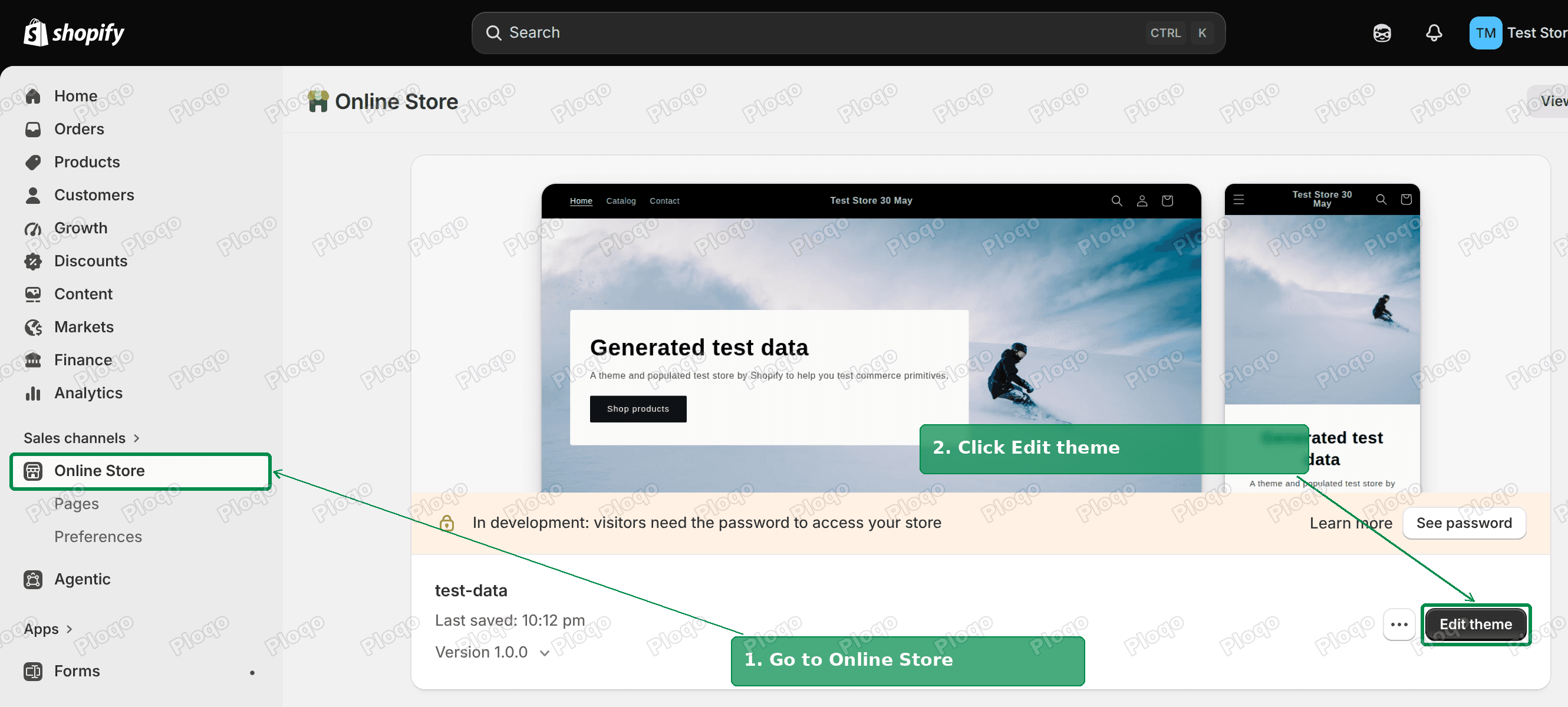Steps 1 and 2: Online Store, then Edit theme on the current theme