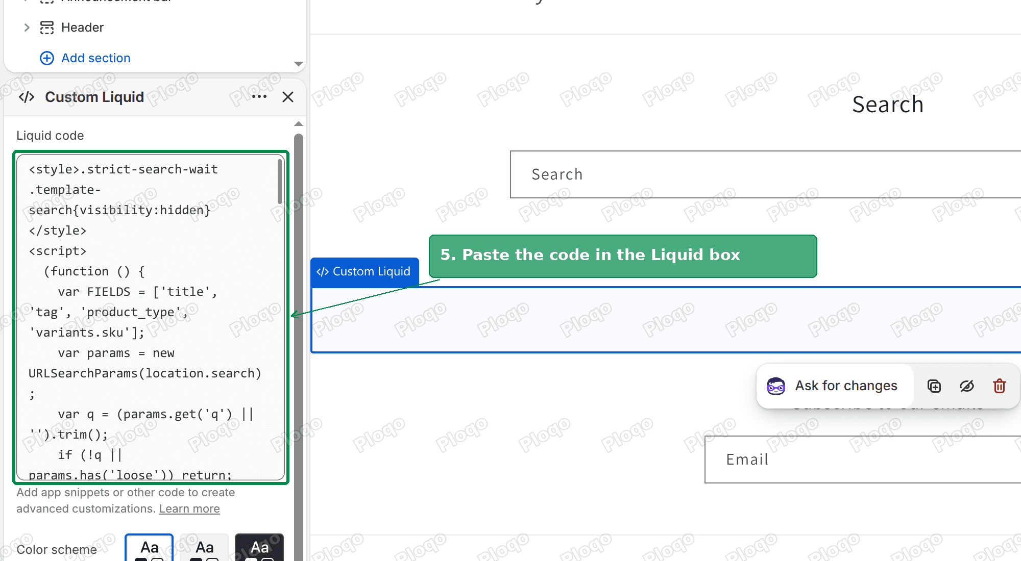 Step 5: the code pasted into the Liquid box