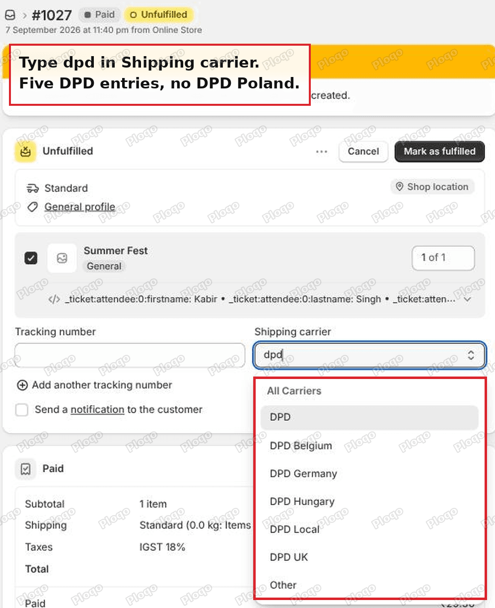 The Shopify shipping carrier dropdown filtered to dpd, showing DPD, DPD Belgium, DPD Germany, DPD Hungary, DPD Local and DPD UK