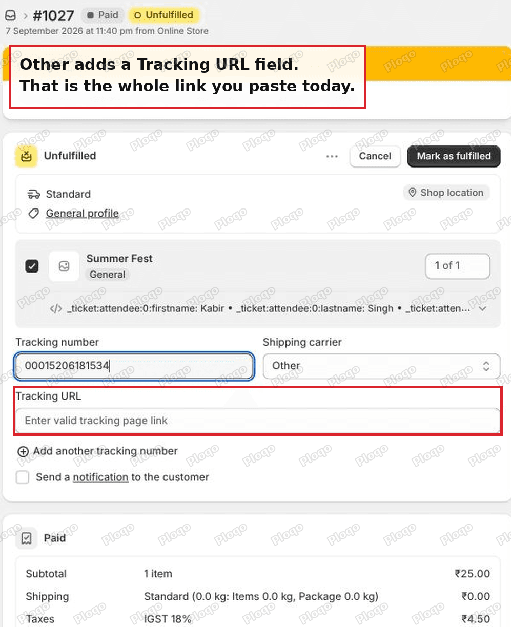 The Shopify fulfilment screen with Other selected, showing an extra Tracking URL field asking for a valid tracking page link