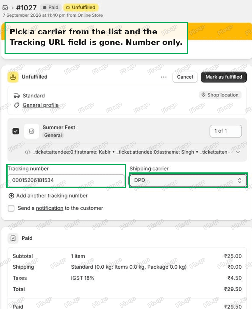 The same fulfilment screen with DPD selected, with only a tracking number field and no Tracking URL field