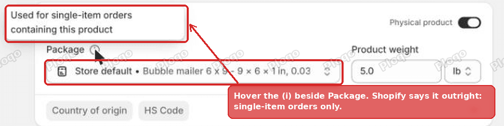 The Package field on a Shopify product, with the tooltip reading "Used for single-item orders containing this product"