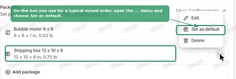 The Set as default option in the package menu in Shopify shipping settings