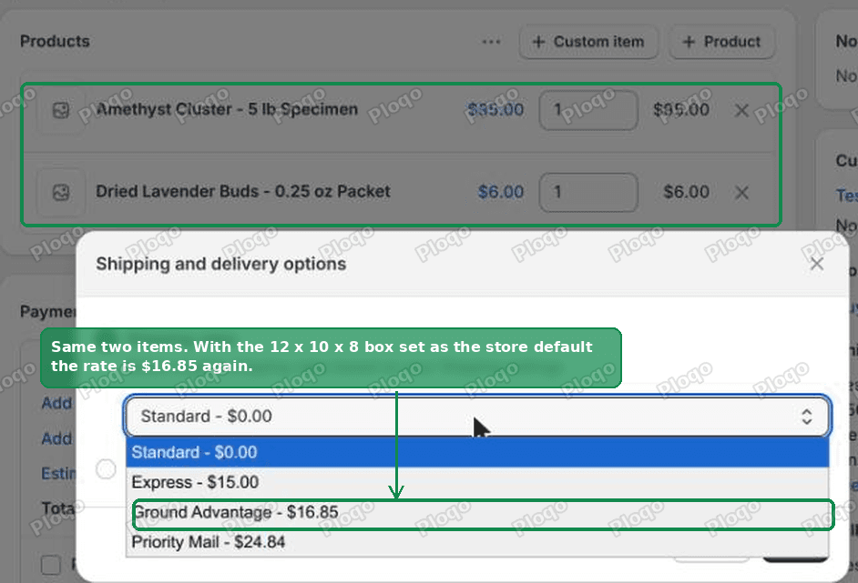 The same cart of two items now quoting $16.85 on Ground Advantage