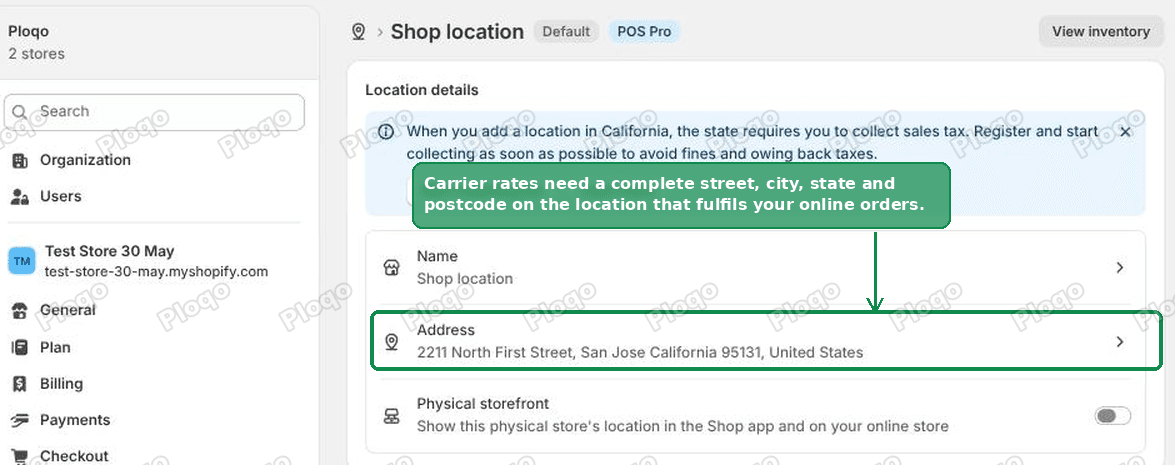 The address on a Shopify location, under Settings then Locations